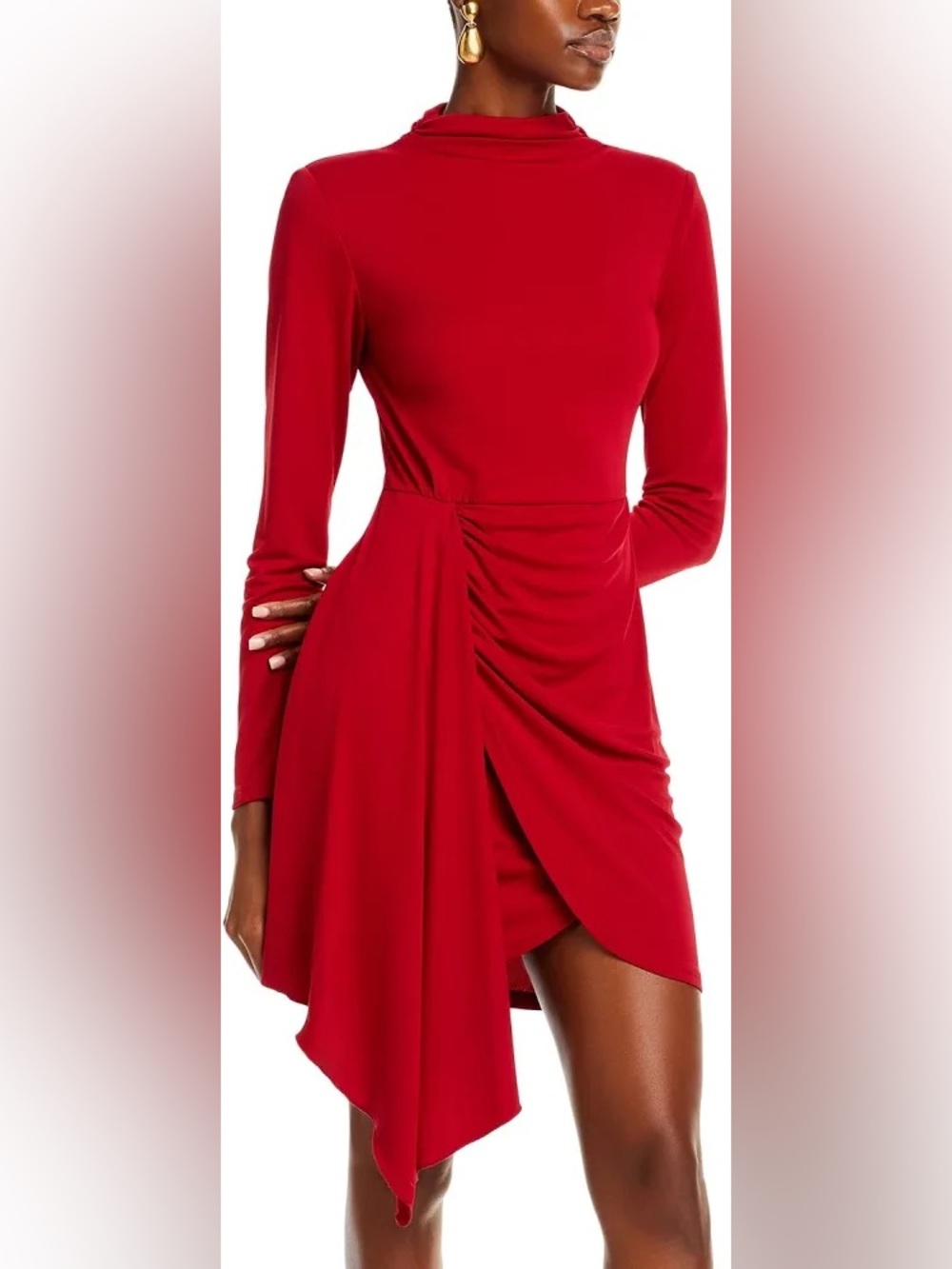 NWT AQUA Red Ruched Asymmetrical Long Sleeve Mini Dress XS